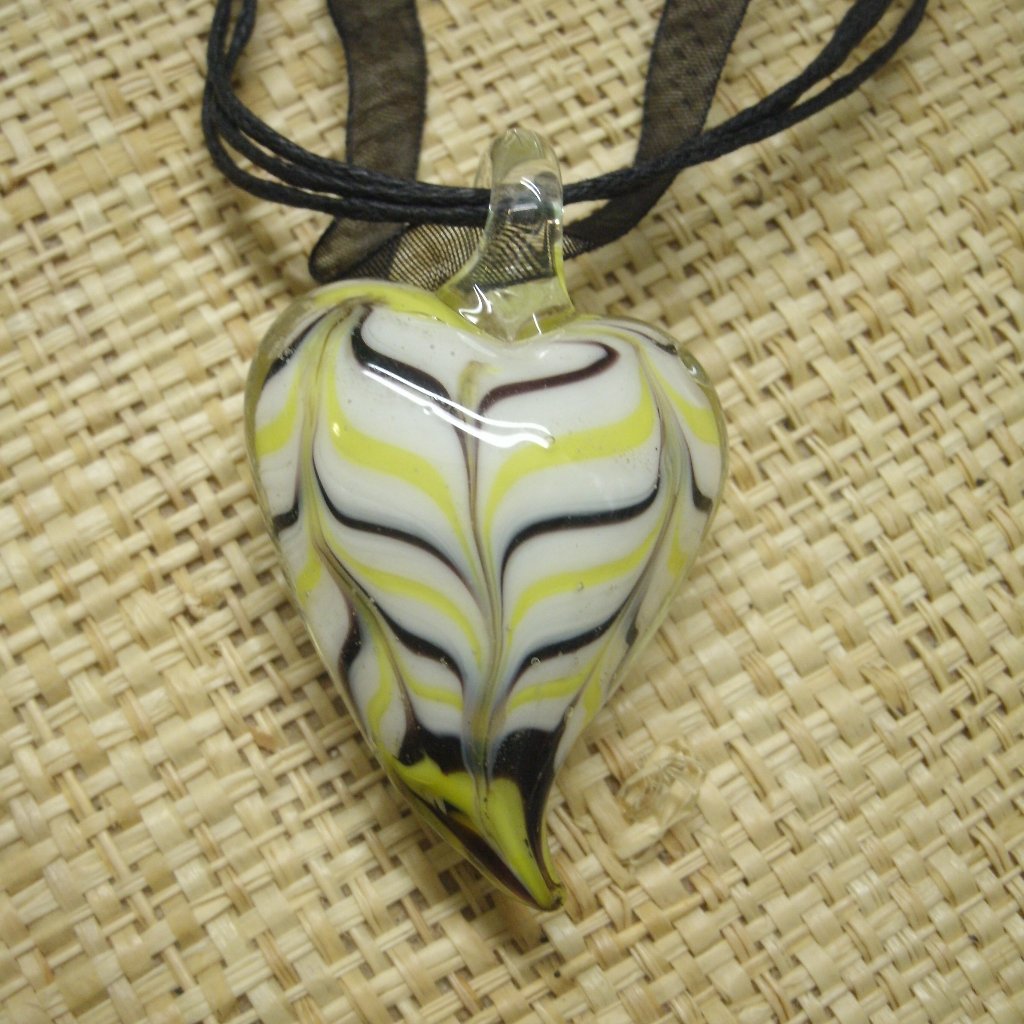 Murano Glass Yellow Black White Heart Pendant Necklace